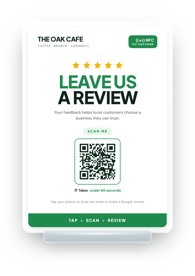 A premium clear acrylic Leave Us A Review board with NFC tap and QR code on a counter stand